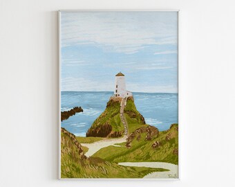 lighthouse print, lighthouse wallart, nature printing, lighthouse painting, light house gift, artful sea poster, hill decoration, sea nature