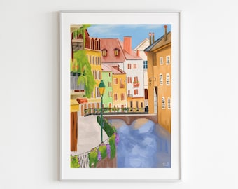 Annecy France Travel Print, colorful France wall art, travel France Poster, town print, town print download,  fjords printable wall art