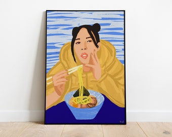 girl eating ramen digital print, ramen wall art, ramen art poster, ramen noodles art, japanese ramen print, ramen poster, ramen illustration
