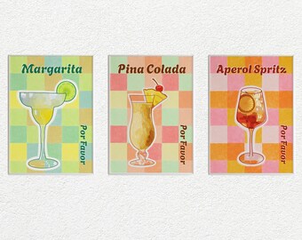 cocktails illustration poster set, tryptic wall art, cocktails print, drinks poster, kitchen printable, kitchen wall art, cocktail poster