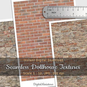 Old Brick and Stone Walls, Printable Wallpaper, Dollhouse Miniature, Diorama, 3 Seamless Textures, Digital Download, 1:12, Medieval Castle