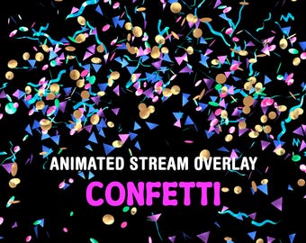 Superpositions de flux animés confettis, alertes Twitch plein écran, ressources streamer et VTuber, décor de streaming festif avec fond transparent