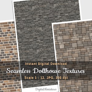 Brick and stone printable sheets for DIY dollhouse and miniature diorama, 3 seamless textures, digital download, 1:12 scale