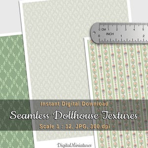 Miniature Dollhouse Wallpaper, Mint Green, 1:12 scale, 3 Printable Seamless Miniature Wallpaper, Diorama Accessories and Supplies