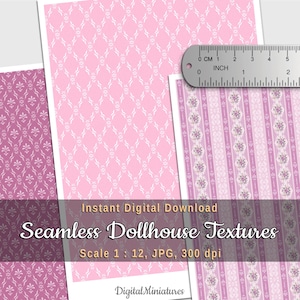 Miniature Dollhouse Wallpaper, Fuchsia & Soft Pink, 1:12 scale, 3 Printable Seamless Miniature Wallpaper, Diorama Accessories and Supplies