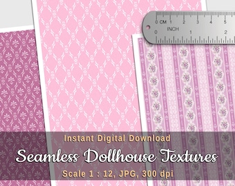 Miniature Dollhouse Wallpaper, Fuchsia & Soft Pink, 1:12 scale, 3 Printable Seamless Miniature Wallpaper, Diorama Accessories and Supplies
