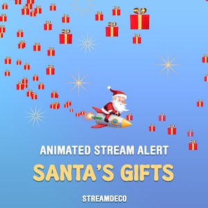Peut inclure: Graphique d'alerte de flux animé avec le Père Noël sur une fusée, entouré de boîtes cadeaux rouges avec des nœuds dorés. Le texte "SANTA'S GIFTS" est affiché en jaune, avec "ANIMATED STREAM ALERT" au-dessus et "STREAMDECO" en dessous.