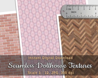 Papel pintado clásico para casa de muñecas, pared de ladrillo y suelo de madera – Set imprimible en miniatura a escala 1:12 – Texturas sin costuras para casa de muñecas – Descarga instantánea