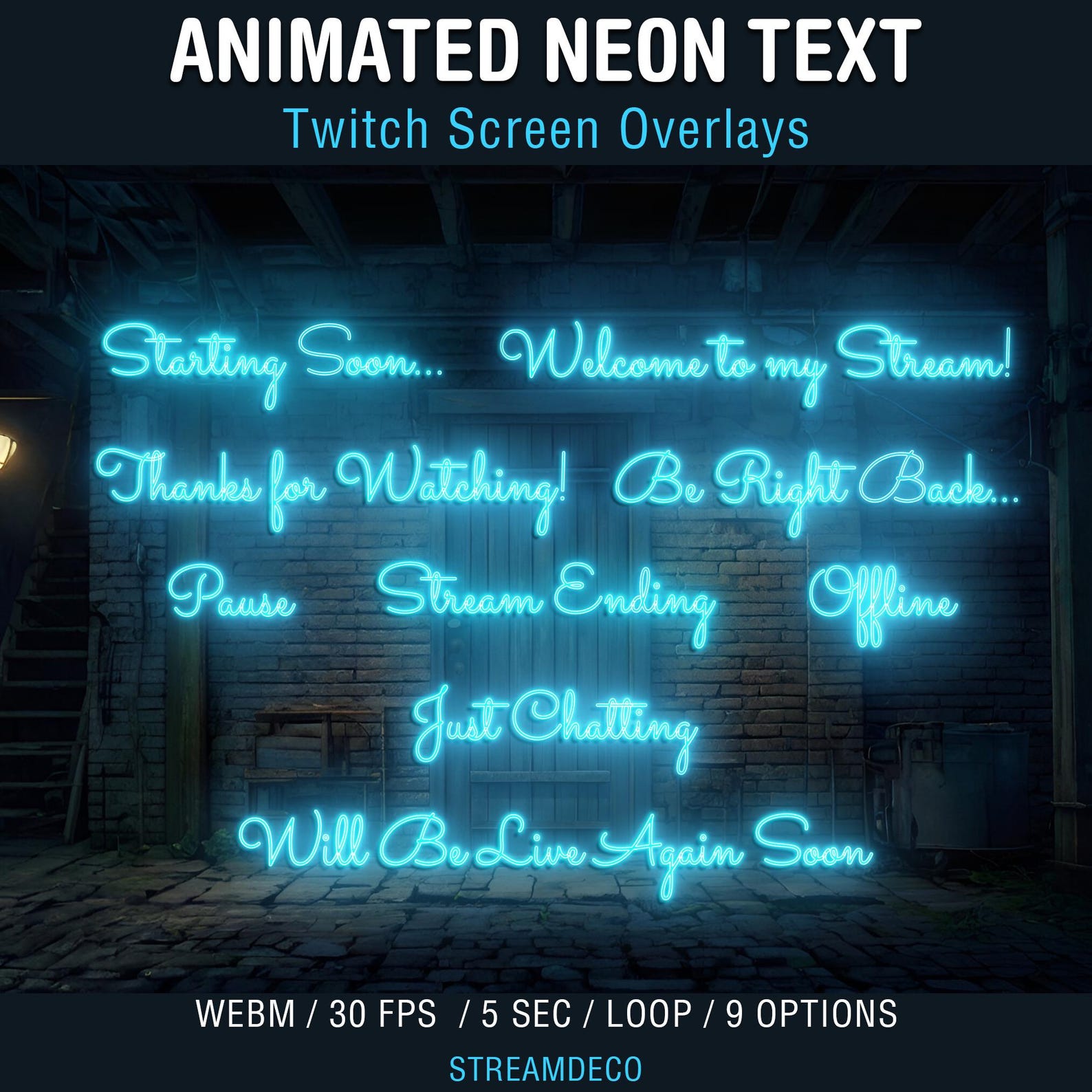 Animated Neon Blue Text for Stream Screen, Twitch Overlays, Text ...