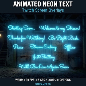 Animierter neonblauer Text für Livestream-Bildschirm, Twitch-Overlays, Textbanner, beginnt bald, ist gleich zurück, endet, danke fürs Anschauen