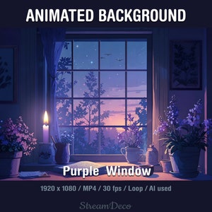 Peut inclure: Fond d'écran animé avec une fenêtre donnant sur un coucher de soleil violet et des étoiles. La fenêtre est encadrée d'un rebord de fenêtre en bois avec une bougie allumée, un livre et des plantes en pot. Le texte "Purple Window" est écrit sous la fenêtre.