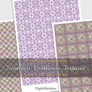 Puede incluir: Tres patrones digitales sin costuras para proyectos de casas de muñecas. Los patrones presentan un diseño de azulejos morados y verdes con detalles intrincados. Los patrones son a escala 1:12, en formato JPG y con una resolución de 300 dpi. Descarga digital instantánea.