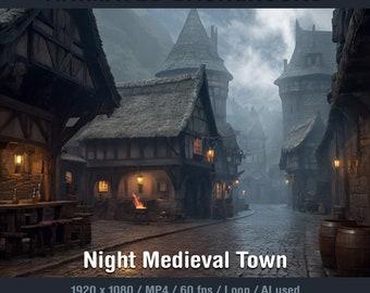 Animated Background Medieval Night Town, Twitch Overlay, Stream Background for Streamers, VTubers, Just Chatting, YouTube, Seamless Loop, HD