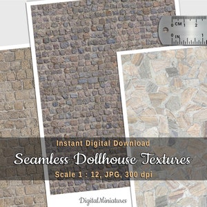 Steinpflaster und Brekzie Boden druckbare Blätter für DIY Puppenhaus und Diorama, 3 nahtlose Texturen, digitaler Download, Maßstab 1:12, Tapete