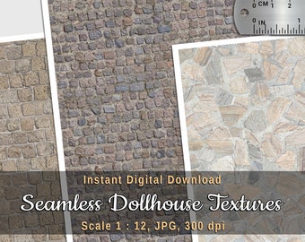 Steinpflaster und Brekzie Boden druckbare Blätter für DIY Puppenhaus und Diorama, 3 nahtlose Texturen, digitaler Download, Maßstab 1:12, Tapete
