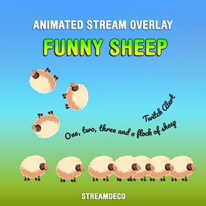 May include: Animated stream overlay with the text "FUNNY SHEEP" and a cartoon sheep jumping in the air. The text "Twitch Alert" is displayed with the text "One, two, three and a flock of sheep".  The overlay features a row of cartoon sheep standing on a green surface.