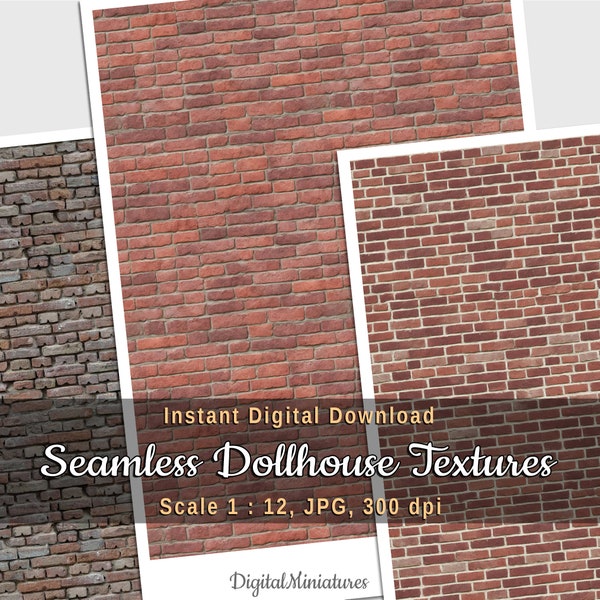 Old red brick walls printable sheets for DIY dollhouse and miniature diorama, 3 seamless textures, digital download, 1:12 scale