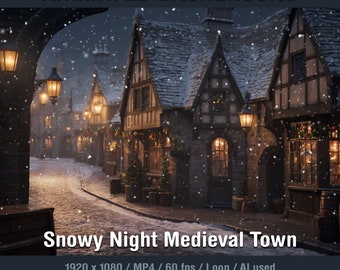 Animated Background Snowy Night Medieval Town, Twitch Overlay, Stream Background for Streamers, VTubers, Just Chatting, YouTube, Loop, HD