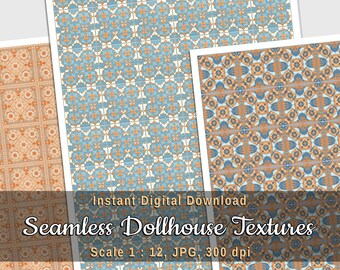 Beige and blue azulejo tiles printable sheets for DIY dollhouse and miniature diorama, 3 seamless textures, digital download, 1:12 scale