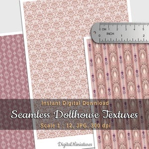 1:12 Scale Miniature Dollhouse Wallpaper Shabby Chic in Pink Tones – Printable Seamless Paper for DIY Dollhouse and Diorama Projects