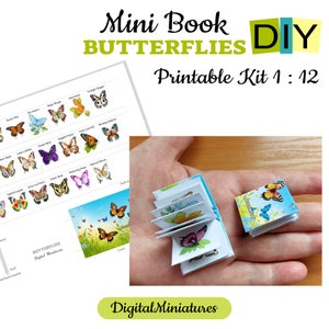 Livre miniature à faire soi-même, encyclopédie des papillons pour bibliothèque de maisons de poupées, kit imprimable téléchargeable pour enfants, mini livre avec pages et couverture