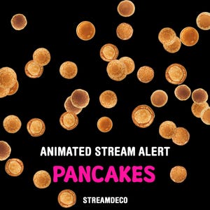 May include: An animated stream alert graphic featuring numerous golden-brown pancakes scattered against a black background. The word "PANCAKES" is displayed in bright pink, with "STREAMDECO" below. The pancakes have a slightly textured appearance.