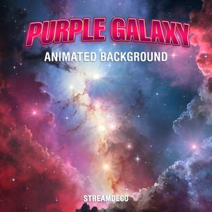 以下が含まれることがあります： パープルギャラクシーアニメーション背景、ピンク、ブルー、イエローの渦巻く雲が特徴の星雲のデジタルイラスト。中央には明るい白い星があります。画像の上部には「Purple Galaxy Animated Background」というテキストがあります。