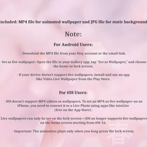 K&ouml;nnte beinhalten: Ein rosa Hintergrund mit wei&szlig;em Text, der Anweisungen zum Einrichten eines animierten Hintergrundbilds auf Android- und iOS-Ger&auml;ten enth&auml;lt. Der Text enth&auml;lt Schritte zum Herunterladen und Installieren des Hintergrundbilds sowie Kompatibilit&auml;tshinweise.