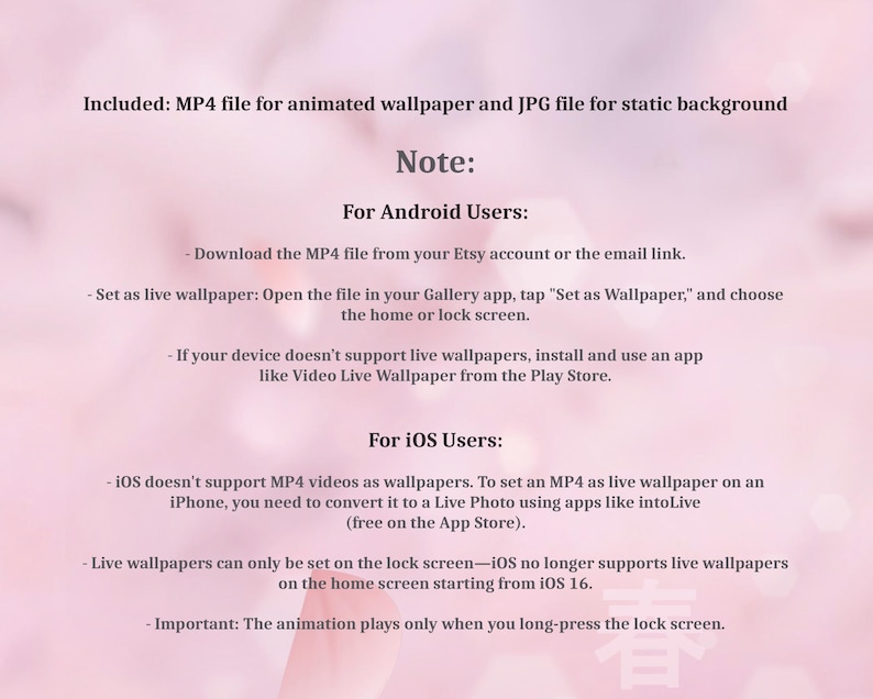 K&ouml;nnte beinhalten: Ein rosa Hintergrund mit wei&szlig;em Text, der Anweisungen zum Einrichten eines animierten Hintergrundbilds auf Android- und iOS-Ger&auml;ten enth&auml;lt. Der Text enth&auml;lt Schritte zum Herunterladen und Installieren des Hintergrundbilds sowie Kompatibilit&auml;tshinweise.