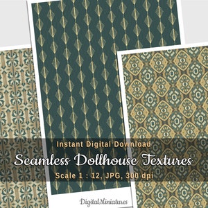Fogli stampabili con carta da parati Art Déco verde e oro per diorama fai da te per case delle bambole in miniatura, 3 texture senza soluzione di continuità, download digitale, scala 1:12