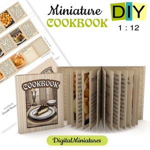 Miniature Cookbook for Dollhouse Library, DIY Printable Kit Mini Book with Pages, Cover, Recipes and Pictures, Victorian Cooking