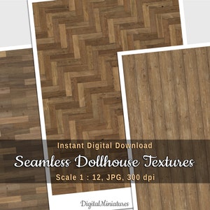 Casa de muñecas con piso de madera oscura, parquet y tablones imprimibles para miniatura de bricolaje, diorama, 3 texturas sin costuras, descarga digital, escala 1:12