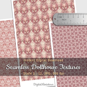 1:12 Scale Miniature Dollhouse Wallpaper with Antique Floral Tapestry – Printable Seamless Paper for DIY Dollhouse and Diorama Projects