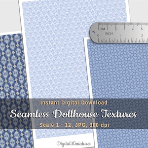 Blue Victorian Miniature Wallpaper Set – 1:12 Scale Dollhouse Printables – Vintage Damask Floral Patterns – Digital Download