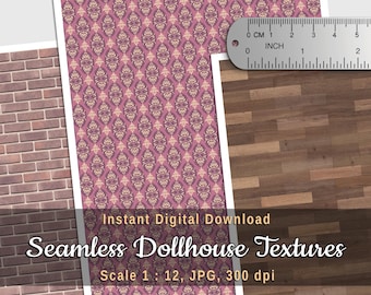 Papel pintado de casa de muñecas victoriana, pared de ladrillo y suelo de madera – Set imprimible en miniatura a escala 1:12 – Texturas de casa de muñecas sin costuras – Descarga instantánea