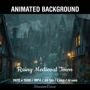 May include: An animated background image of a rainy medieval town. The image features cobblestone streets, buildings with stone and wood facades, and a large castle in the background. The text "Rainy Medieval Town" is displayed in white, along with technical specifications.