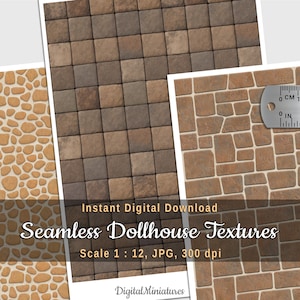 Fogli stampabili per rivestimento e pavimentazione in pietra per casa delle bambole e diorama fai-da-te, 3 texture senza soluzione di continuità, download digitale, scala 1:12, carta da parati