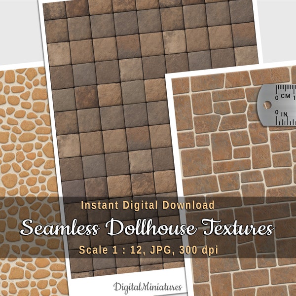 Stone cladding and paving printable sheets for DIY dollhouse and diorama, 3 seamless textures, digital download, 1:12 scale, wallpaper