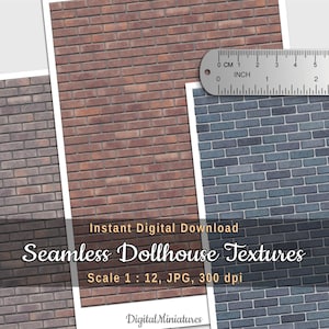 Miniature Dark Brick, Facing Stone, Printable Sheets for DIY Dollhouse and Diorama, 3 Seamless Textures, Wallpaper, Digital Download, 1:12