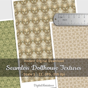 Baroque Patterns Seamless Miniature Dollhouse Wallpaper Set – 3 Olive Printable Designs for 1:12 Scale DIY Dollhouses and Dioramas
