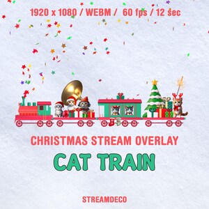 Può includere: Una sovrapposizione di flusso animata a tema natalizio con un treno di cartoni animati su cui viaggiano dei gatti. Il treno è decorato con luci natalizie, un albero di Natale e regali. Il testo "CHRISTMAS STREAM OVERLAY CAT TRAIN" è visualizzato sotto il treno. Il testo "STREAMDECO" è visualizzato nella parte inferiore dell'immagine.