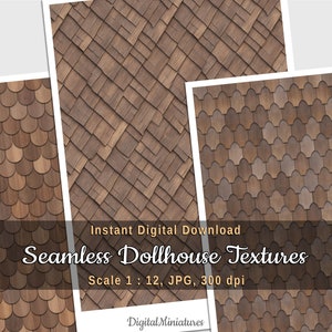 Miniature wood roofing printable sheets for DIY dollhouse, farmhouse, cedar shingles, 3 seamless textures, digital download, 1:12 scale