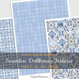 May include: Three digital seamless tile patterns for dollhouse projects. The patterns are blue and white with geometric designs and peacocks. The text reads "Instant Digital Download Seamless Dollhouse Textures Scale 1:12, JPG, 300 dpi Digital Miniatures".