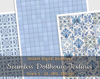 Blue and white ceramic tiles printable sheets for DIY dollhouse and miniature diorama, 3 seamless textures, digital download, 1:12 scale