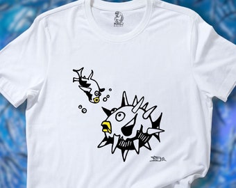 Puffer fish funny t-shirt, funny hand drawn original graphic art, premium quality unisex top, gift for him, her, self, aquatic lovers tee