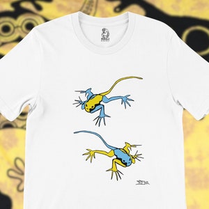Lizard times two, colorful t-shirt, hand drawn original graphic art, premium casual tee, streetwear gift top for men women teens