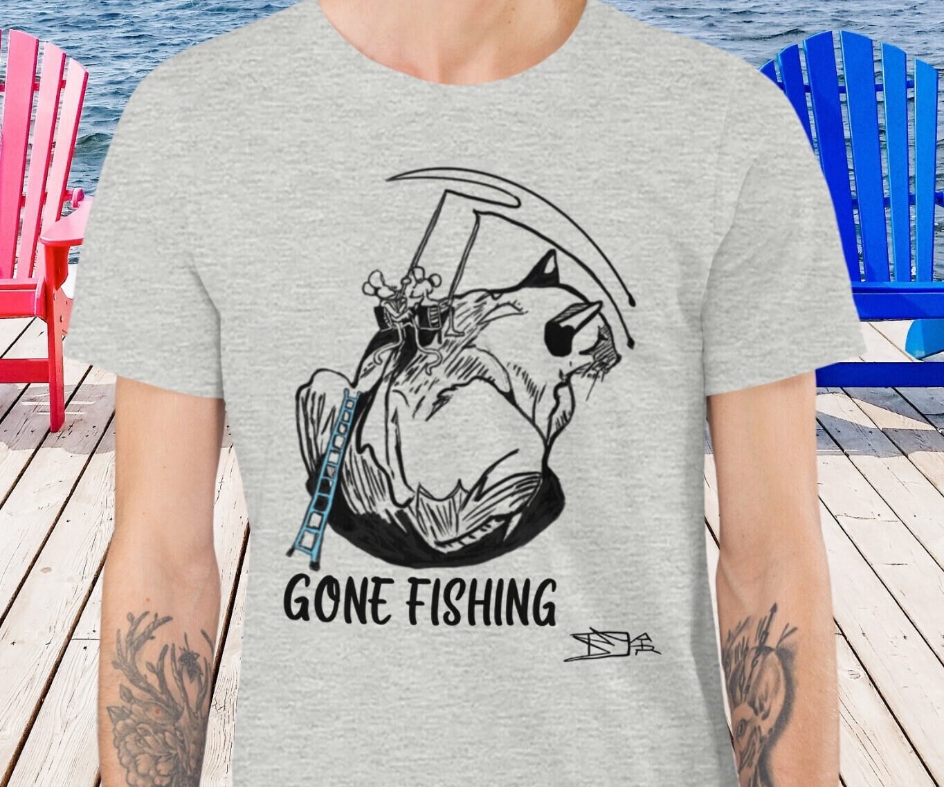 Cat and mice T-shirt, gone fishing slogan, hand drawn original graphic art, cat lover top, casual unisex tee for men, women, teens