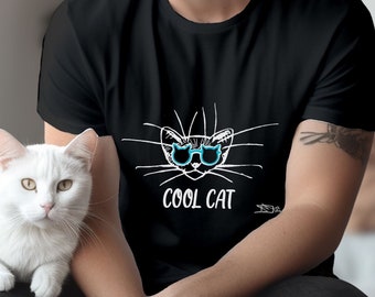 Cool Cat t-shirt, cat wearing sunglasses hand drawn graphic art, casual premium tee, feline fans gift, original streetwear top