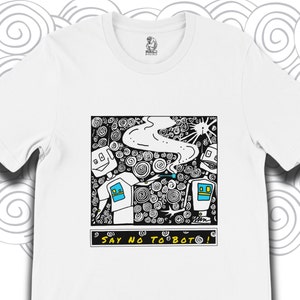 Camiseta cómica de relajación robot, arte gráfico divertido dibujado a mano, camiseta unisex premium, top de regalo retro para hombres, mujeres, adolescentes