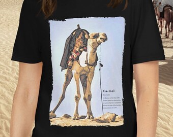 Camel in desert T-SHIRT, Egypt travel original photo art, casual unisex tee, gift top for travel lovers, men, women
